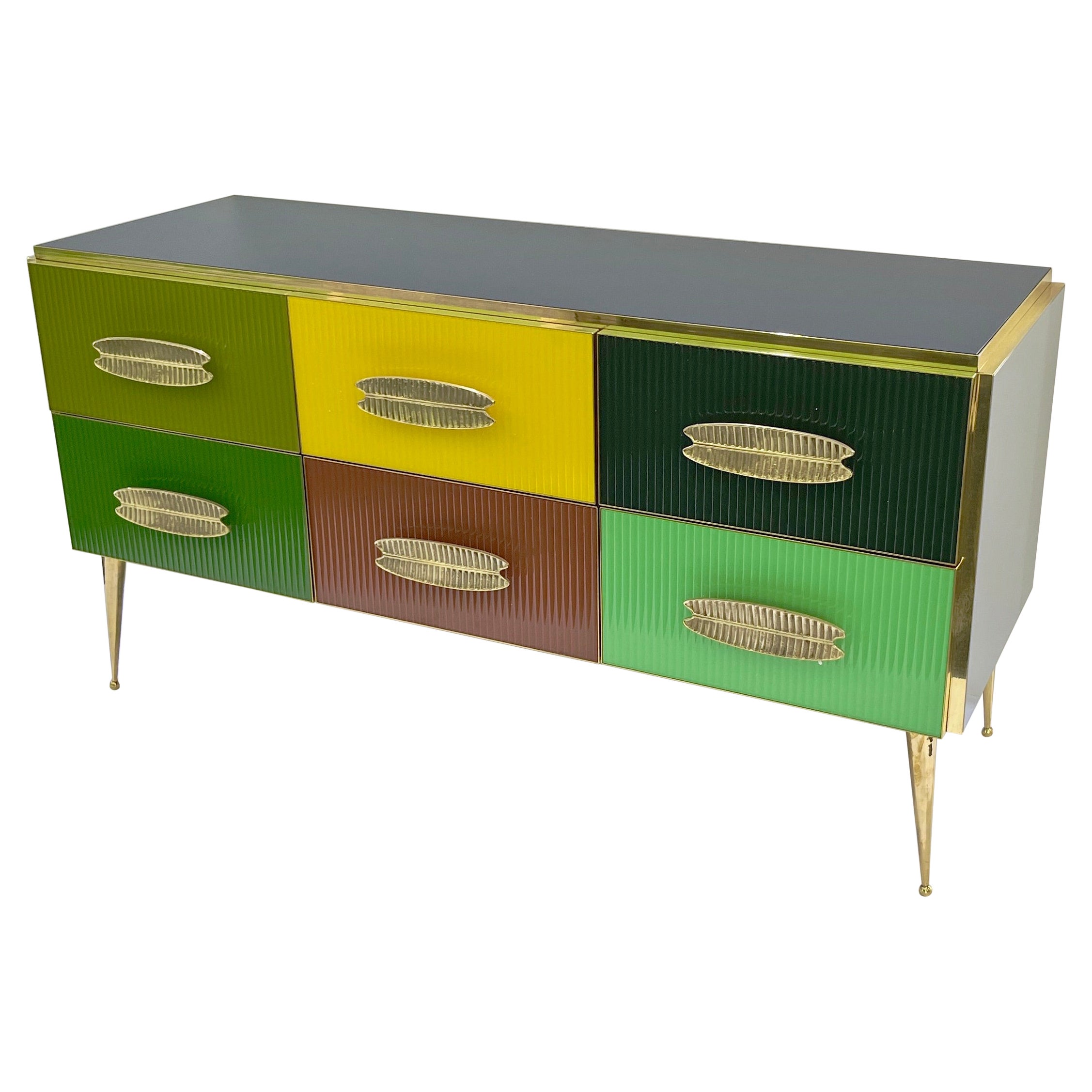 Bespoke Italian Green Yellow Brown Gray Blue Modern Brass 6-Drawer Dresser/Chest For Sale