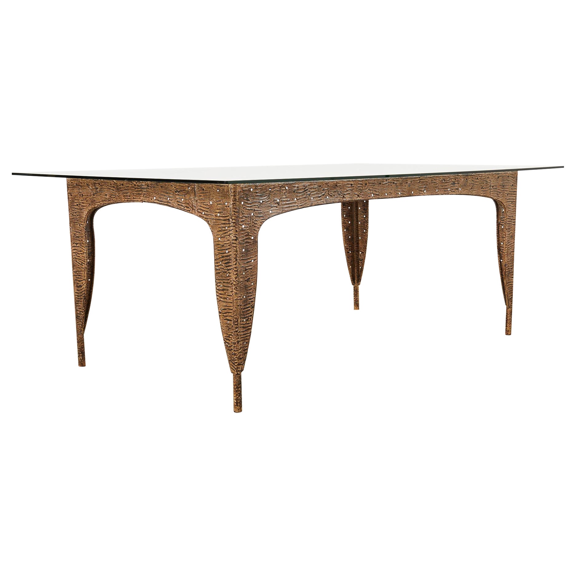 Post Modern Textured Steel Glass Top Dining Table  For Sale