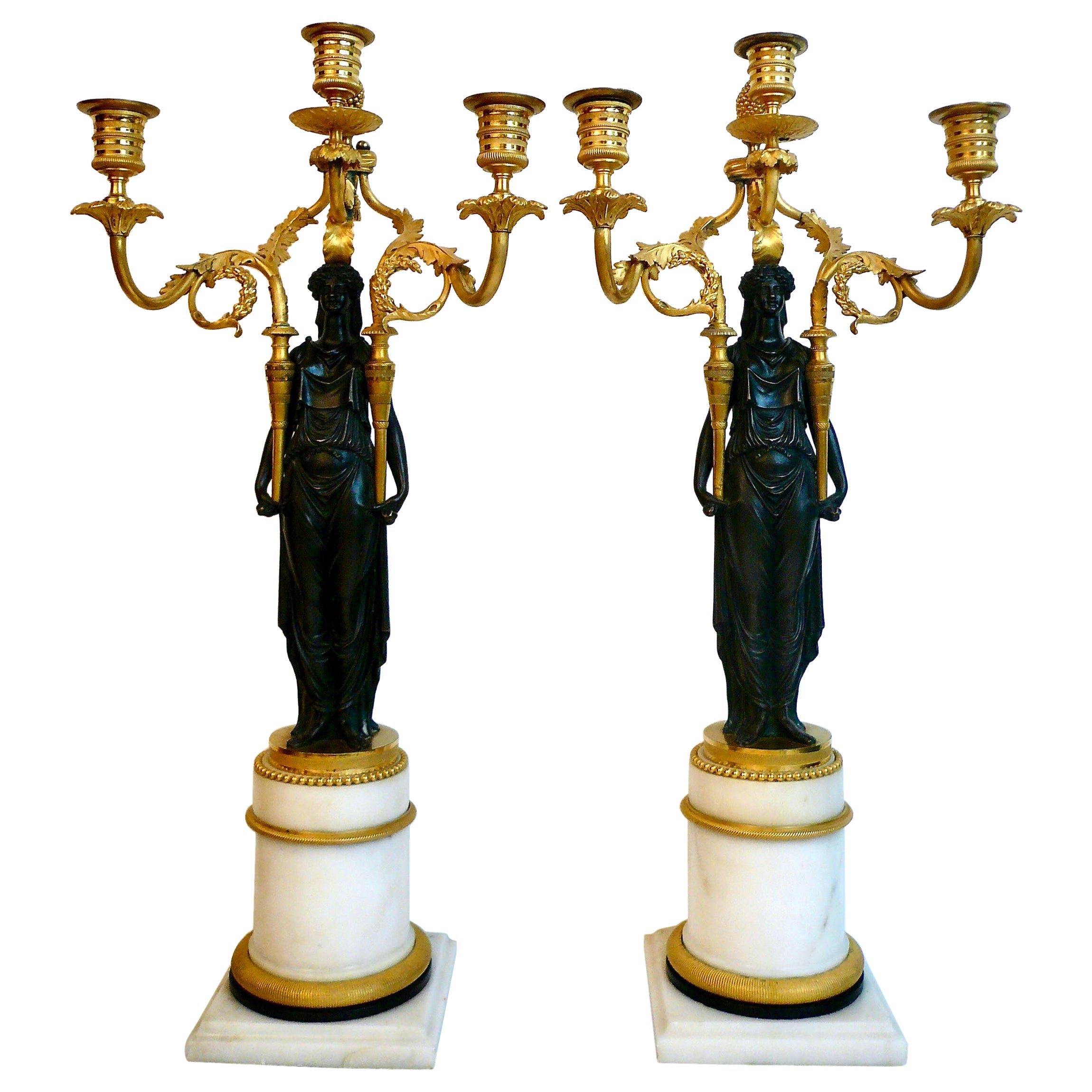 Pair French Directoire Bronze and Marble Neo-Classical Figural Candelabra For Sale