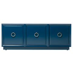 T.H. Robsjohn Gibbings Credenza for Widdicomb in Blue Lacquer with Nickel Pulls
