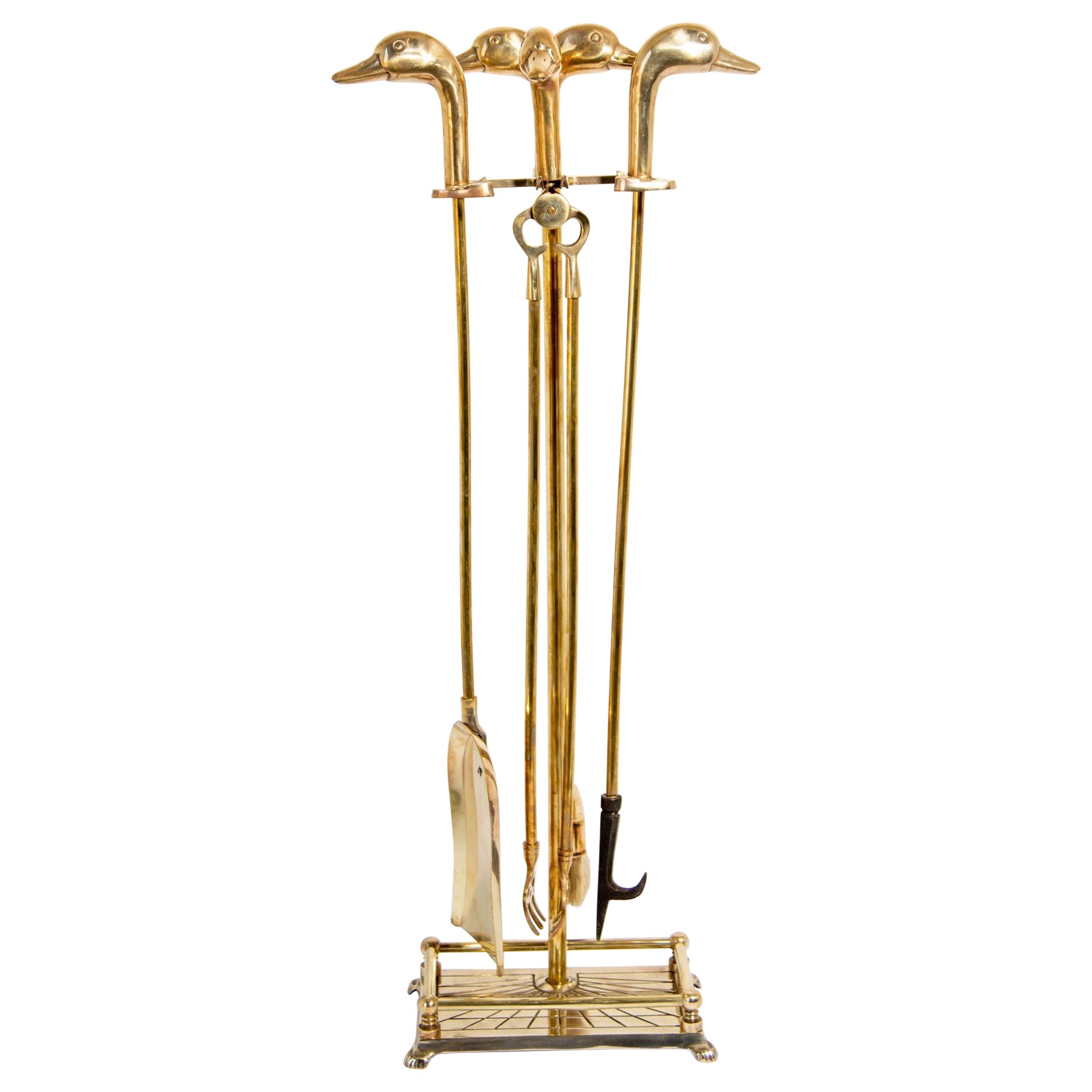 1950s Vintage Solid Brass Fireplace Tools with Duck Heads, French Maison Jansen For Sale