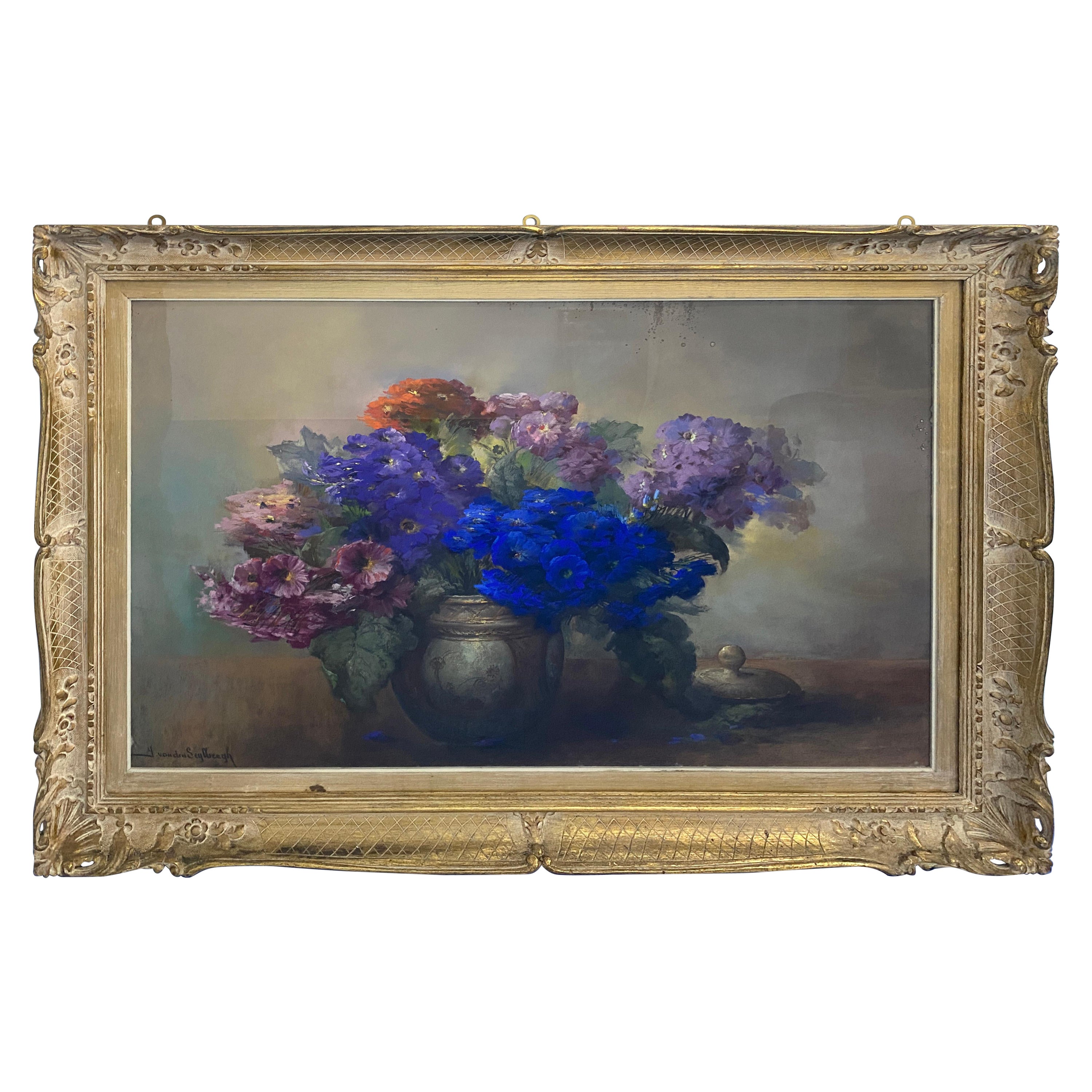 Pastel painting "Vase with flowers" signed  Jaak Van Den Seylbergh Belgium, 1950 For Sale