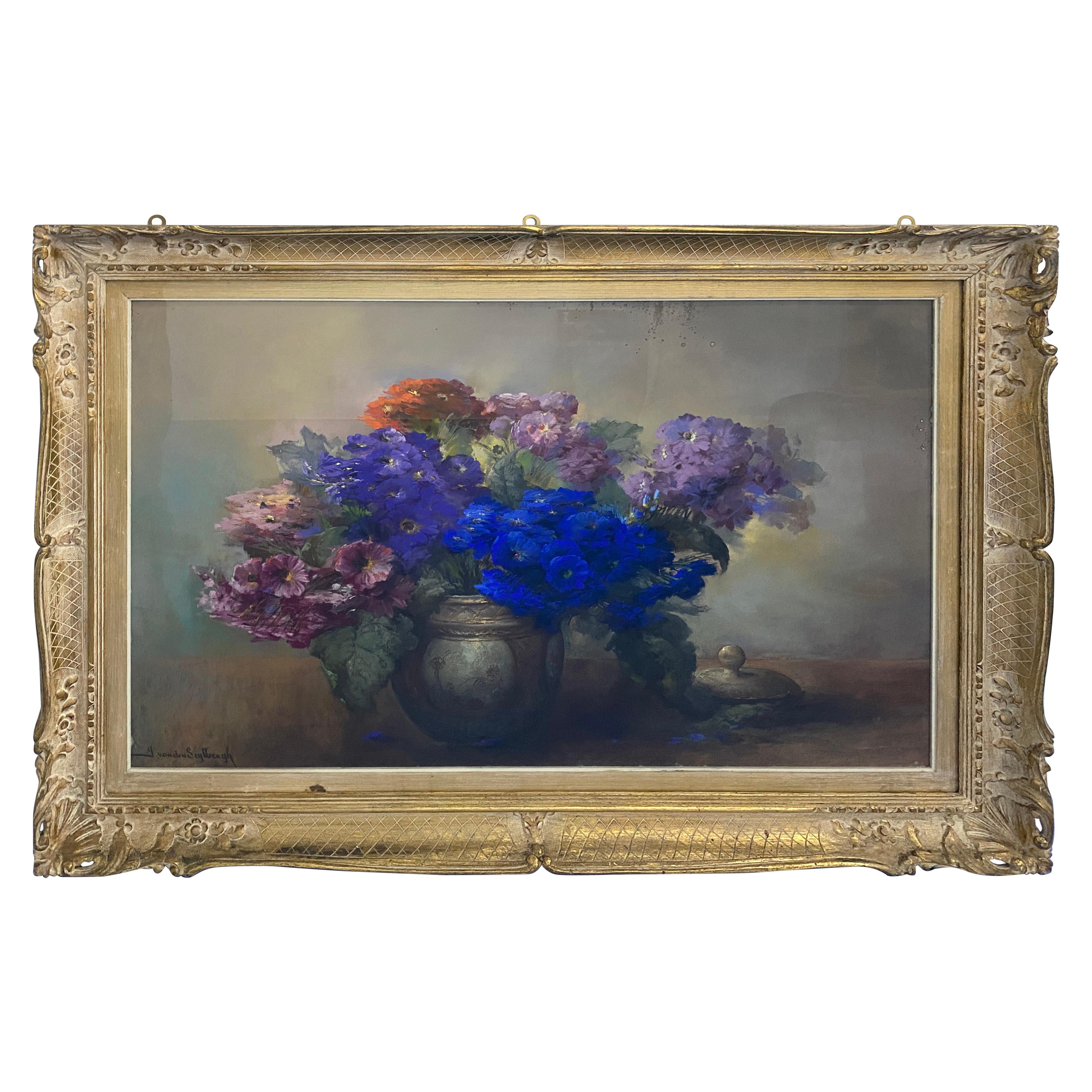 Peinture au pastel "Vase avec fleurs" signée  Jaak Van Den Seylbergh Belgique, 1950