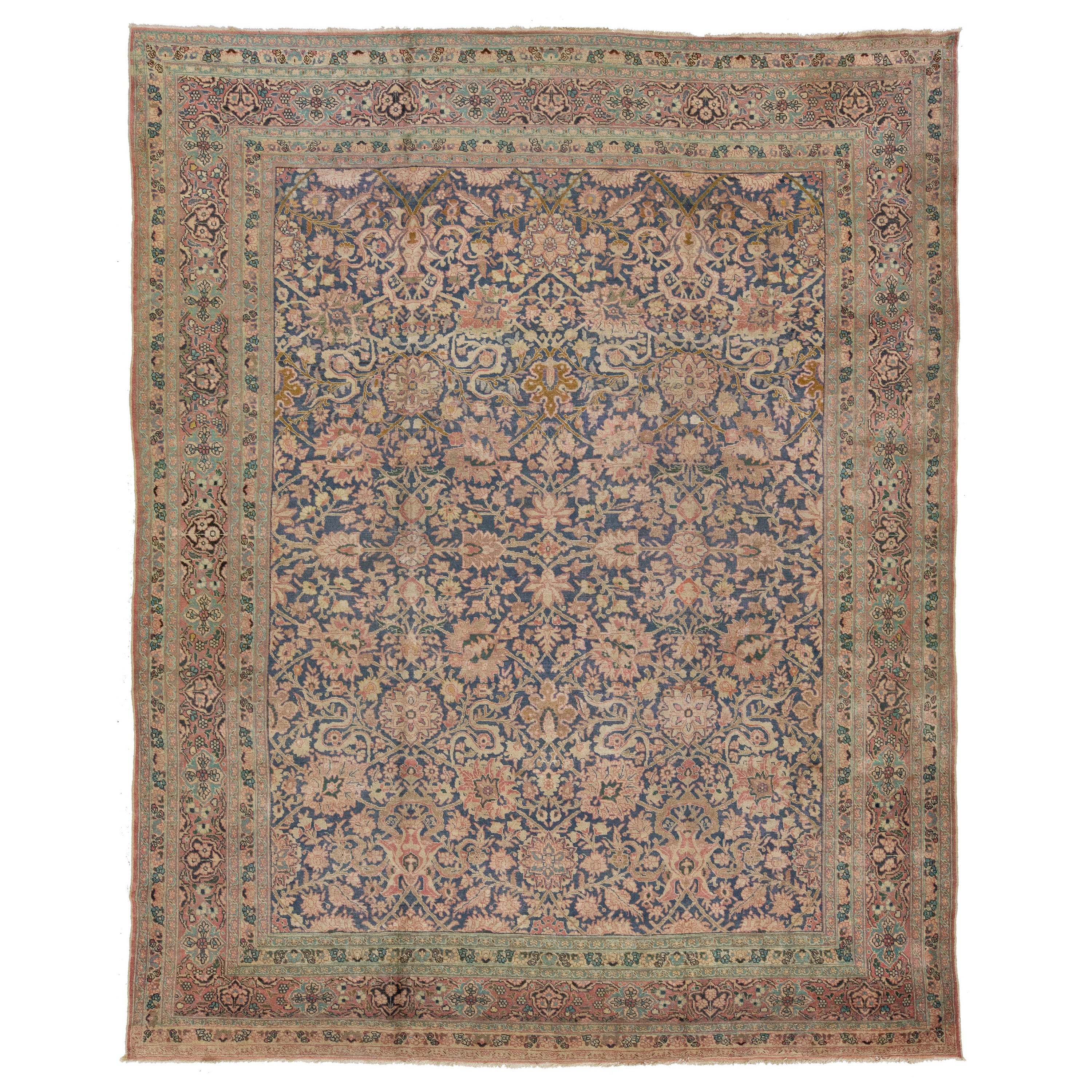 1920s Antique Persian Tabriz Blue Wool Rug With Allover Floral Pattern For Sale