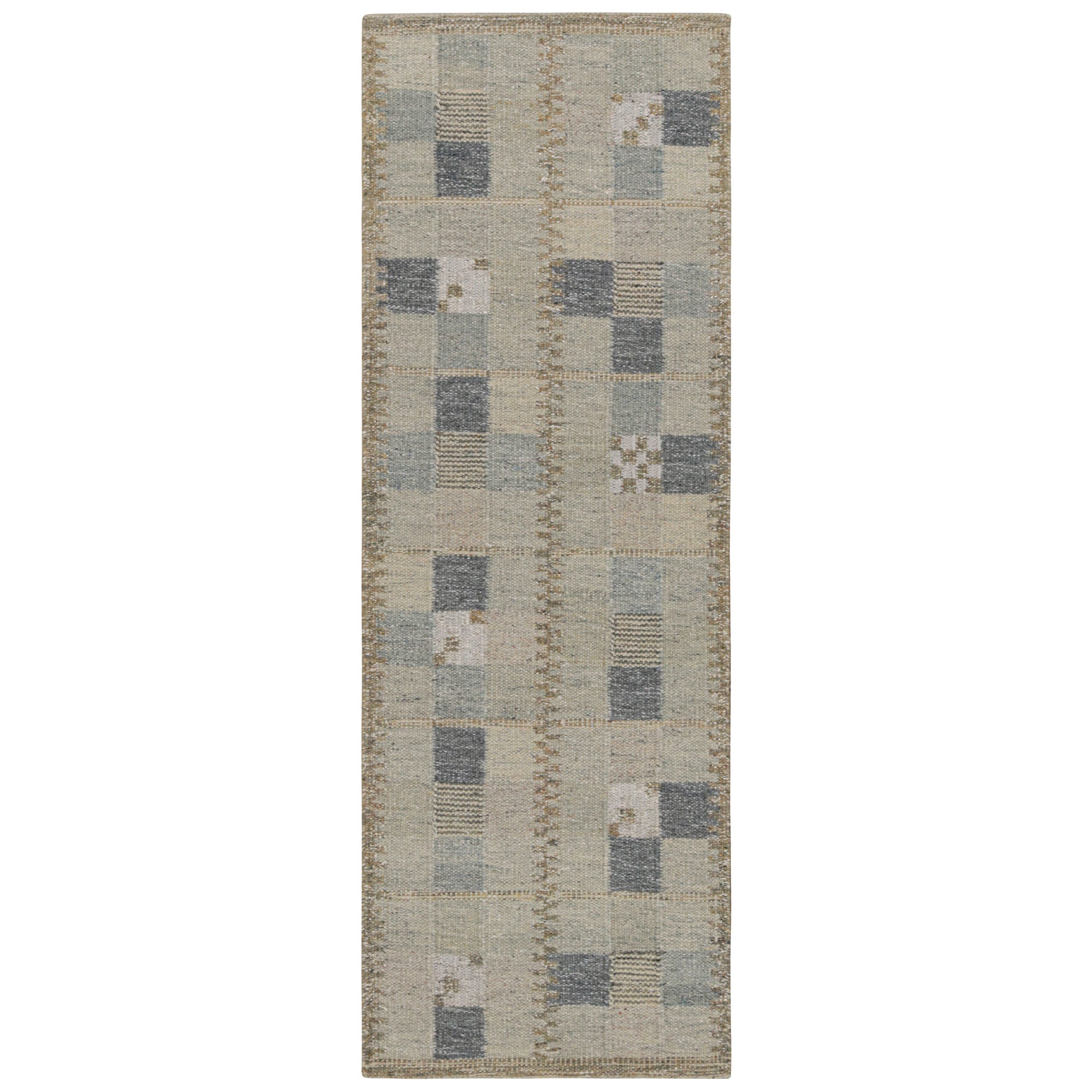 Rug & Kilim’s Scandinavian Style Kilim Runner Rug in Gray Blue Geometric Pattern For Sale