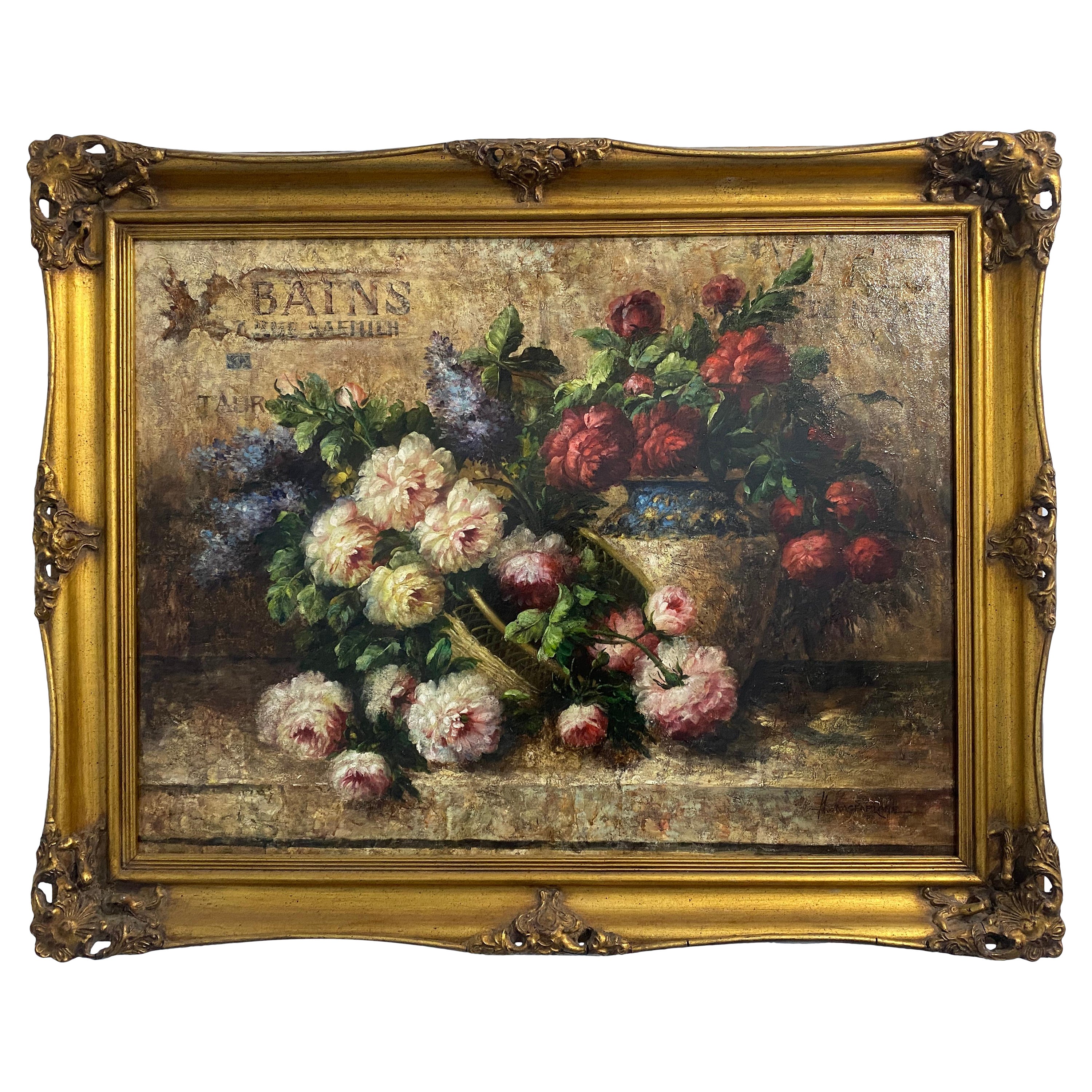 Antique oil painting "Vase with flowers" signed , France, 1930s