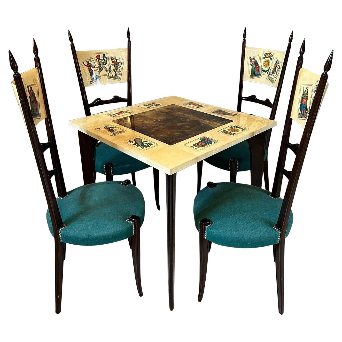 20th century Aldo Tura Lacquered Goatskin and Walnut Table With Chairs, 1960s For Sale