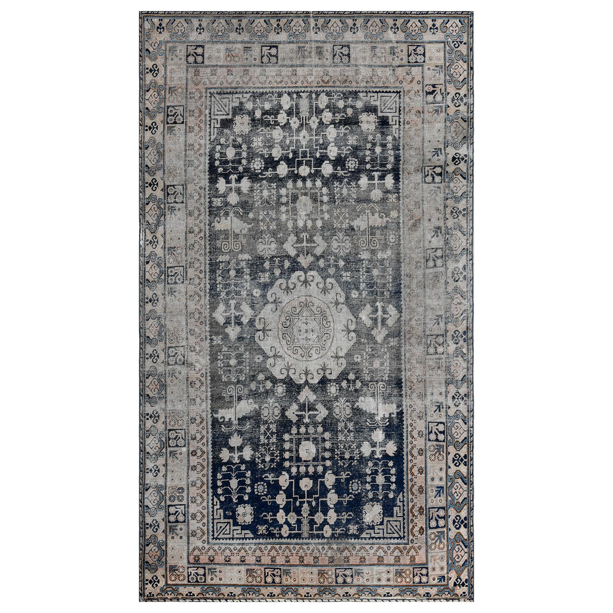 Hand-Knotted Antique Circa-1900 Indigo-Blue Wool Khotan Rug