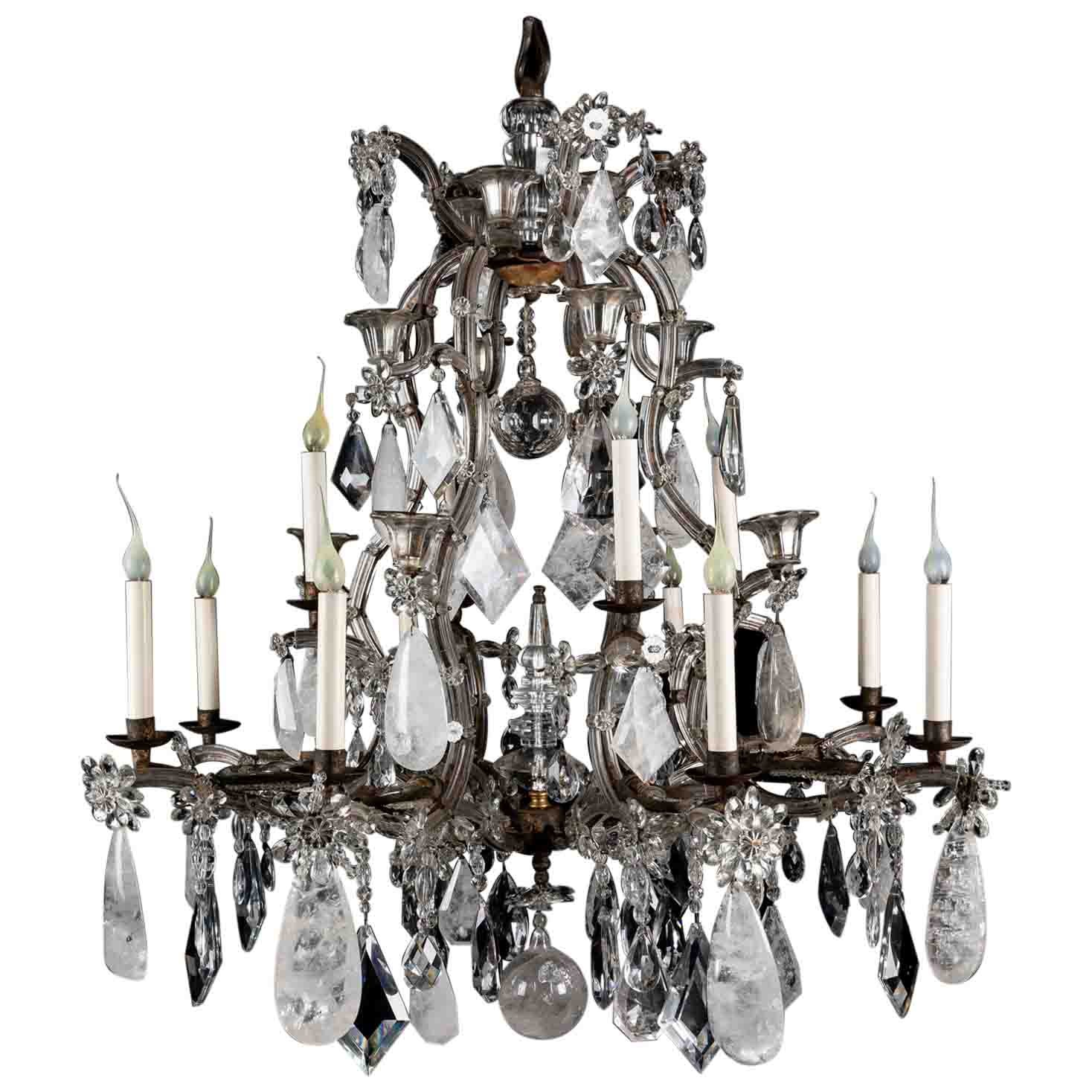 A Large Antique French Bagues Style Rock crystal and Iron Chandelier