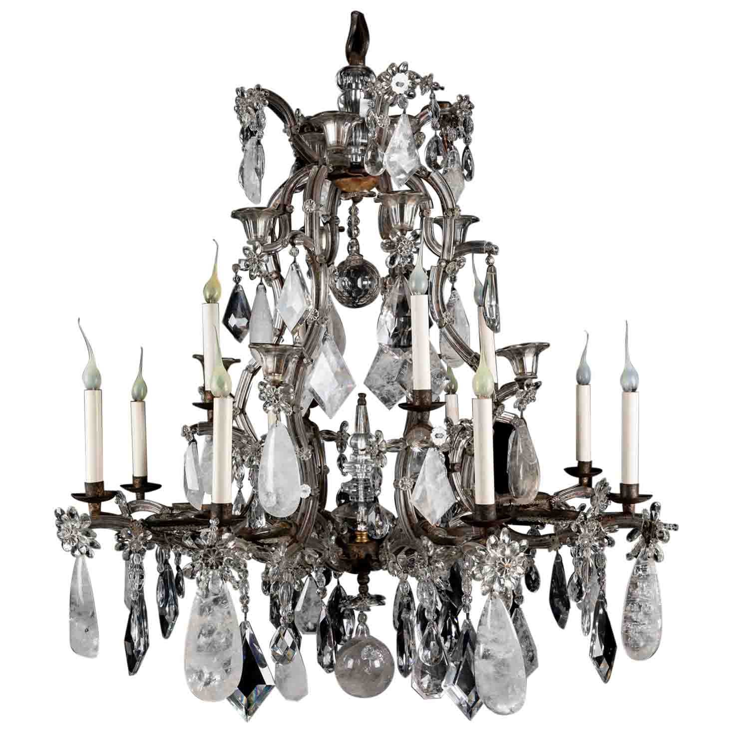 A Large Antique French Bagues Style Rock crystal and Iron Chandelier For Sale