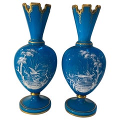 A Pair of French Opaline Blue Glass Mantle Vases Pate sur Pate Decoration