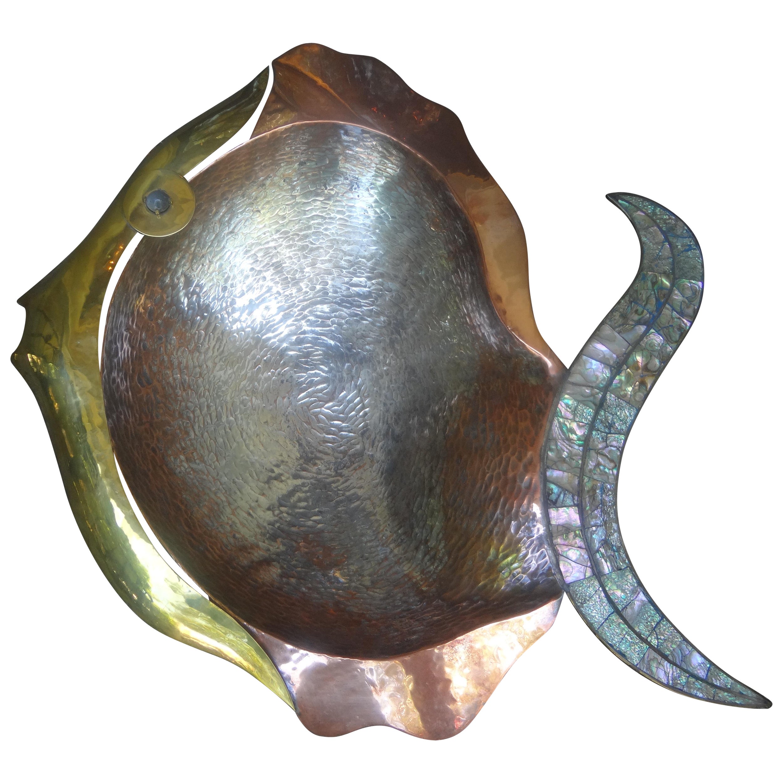 Huge Mexican Modernist Mixed Metal And Abalone Fish Bowl  For Sale