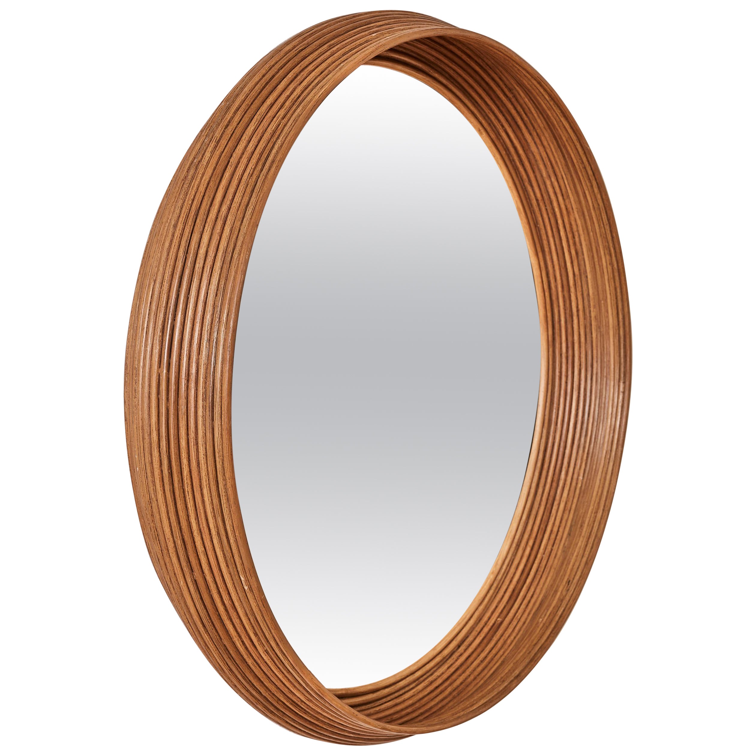 Modernist Deep Well Round Rattan Wall Mirror For Sale