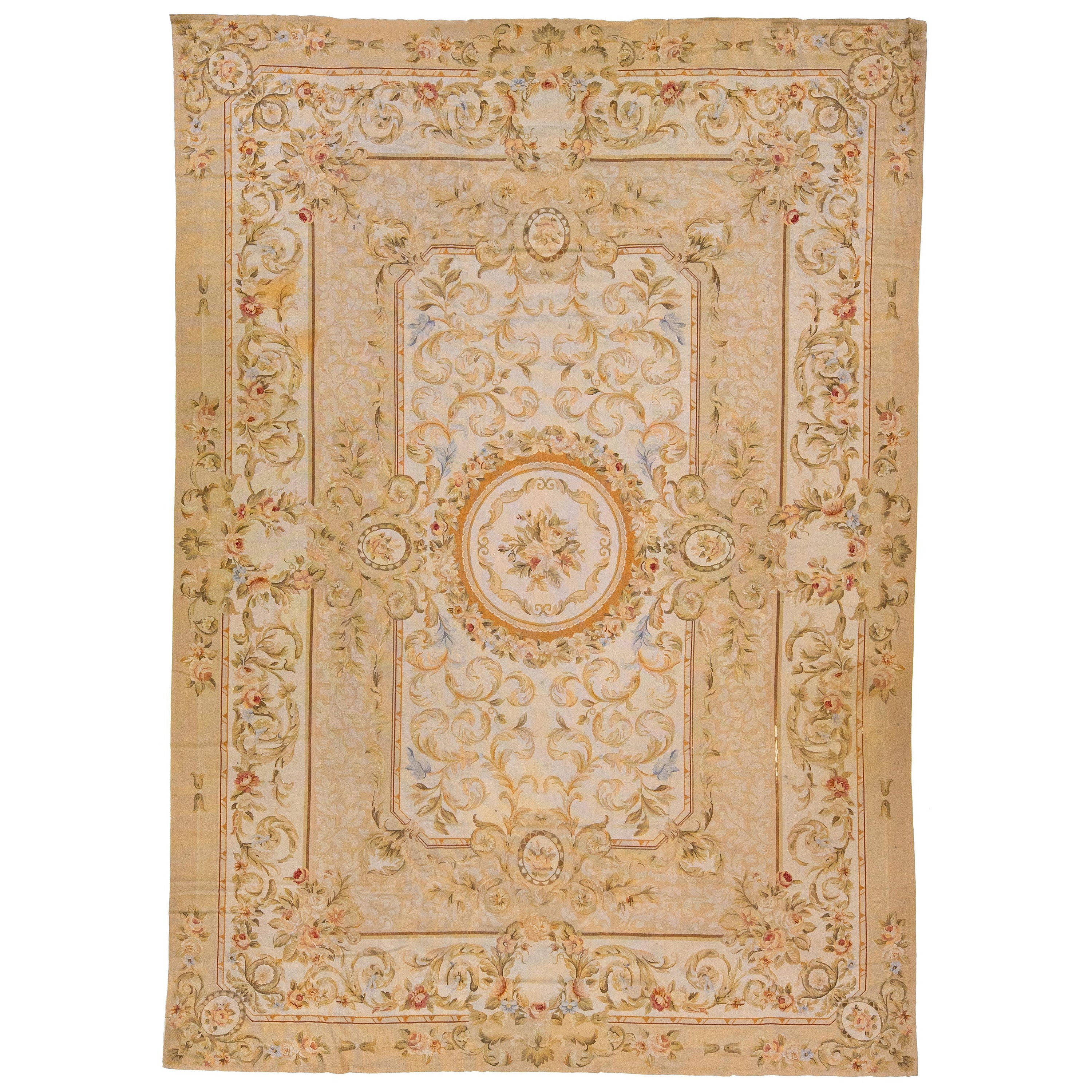 Vintage Portuguese Aubusson Needlepoint Wool Rug In Beige With Rosette Motif For Sale