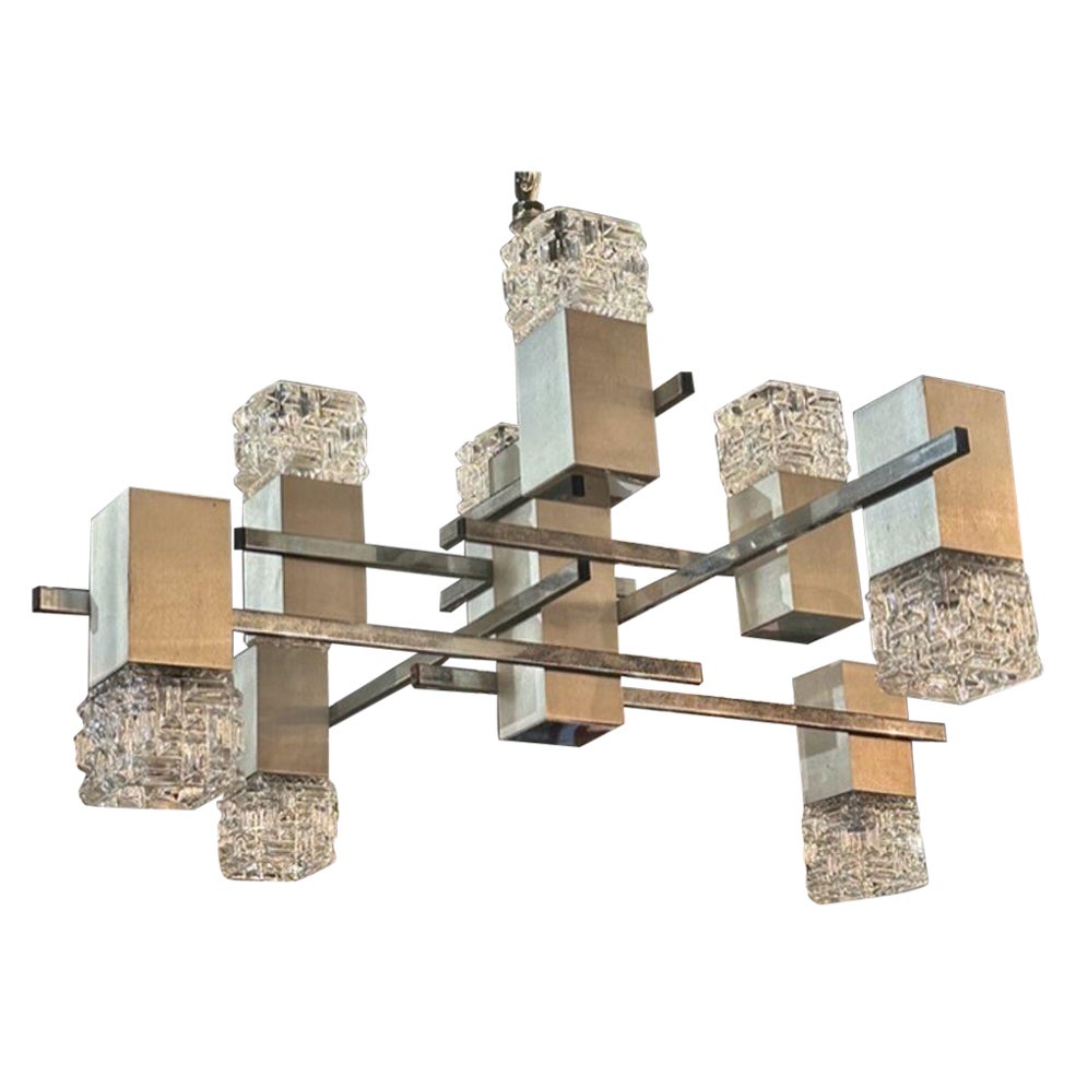 French MCM Nickle and Glass 8 Light Suspension Chandelier For Sale