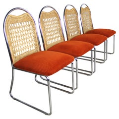 1980’s Modern Daystrom Dining Chairs Chrome Wicker & Orange Fabric Set of 4 