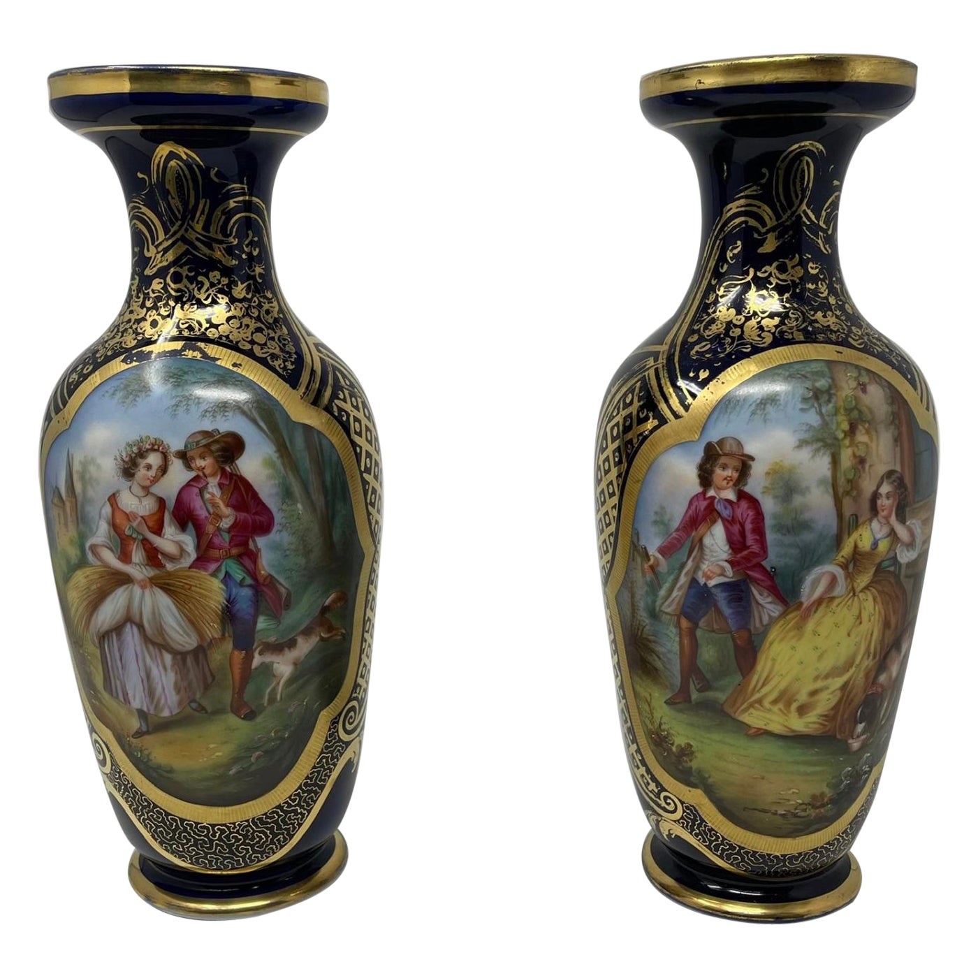 Antique French Gilded Porcelain Vases with Hand Painted Courting Scene - Pair For Sale