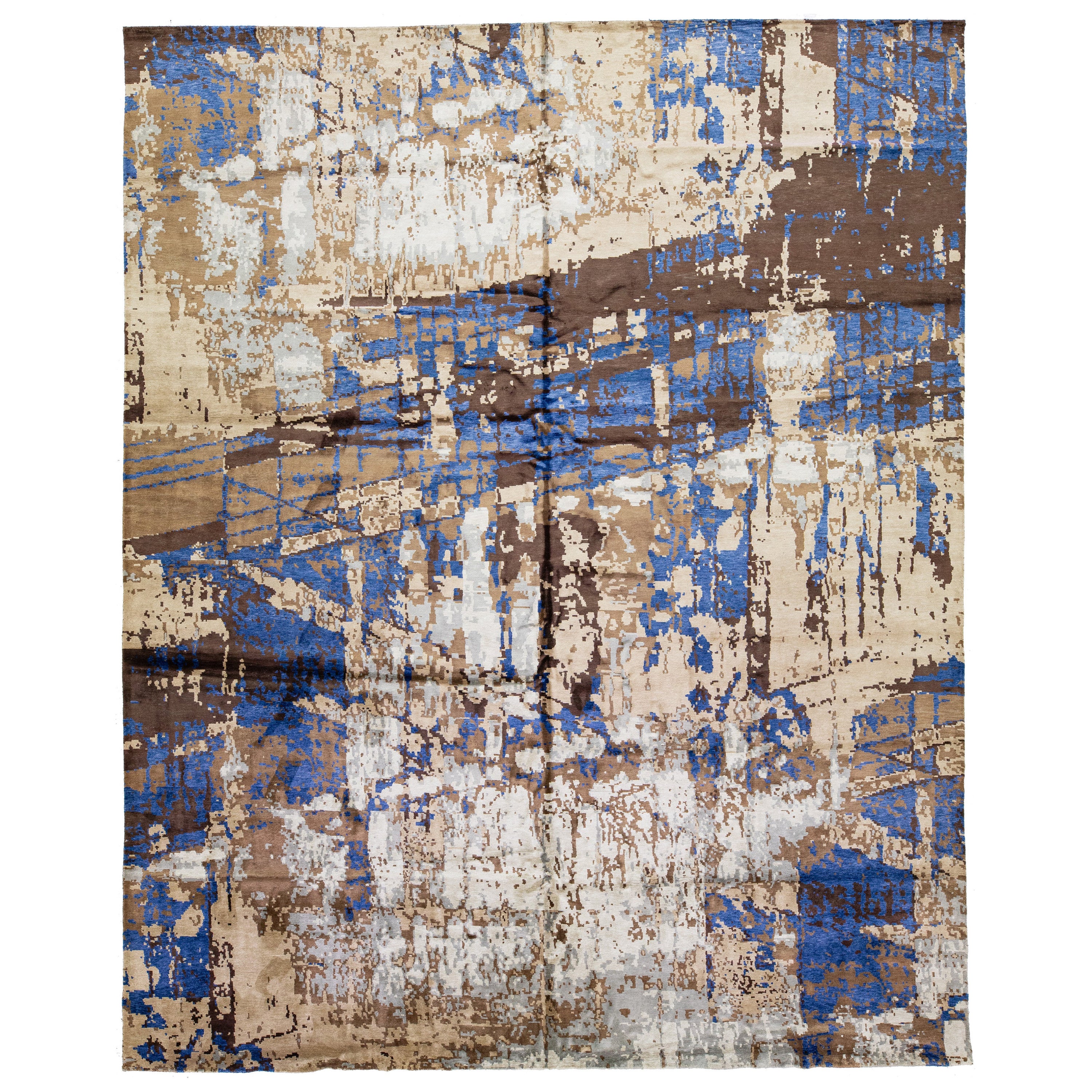 Oversize Modern Handmade Abstract Wool and Silk Rug In Earthy Tones For Sale