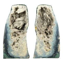 Pair of Landscaped Sea Blue Agate Geodes with Crystal Quartz ps. after Anhydrite