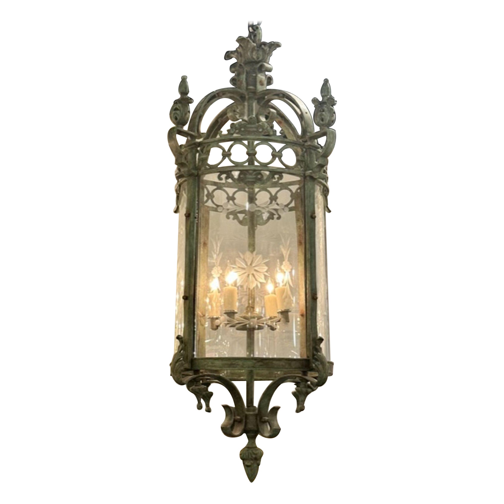 Antique French Iron Patina Verde Lanterns with Etched Glass For Sale