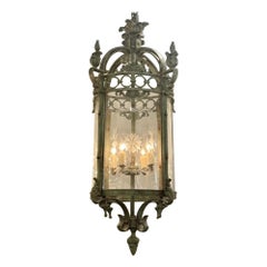 Antique French Iron Patina Verde Lanterns with Etched Glass