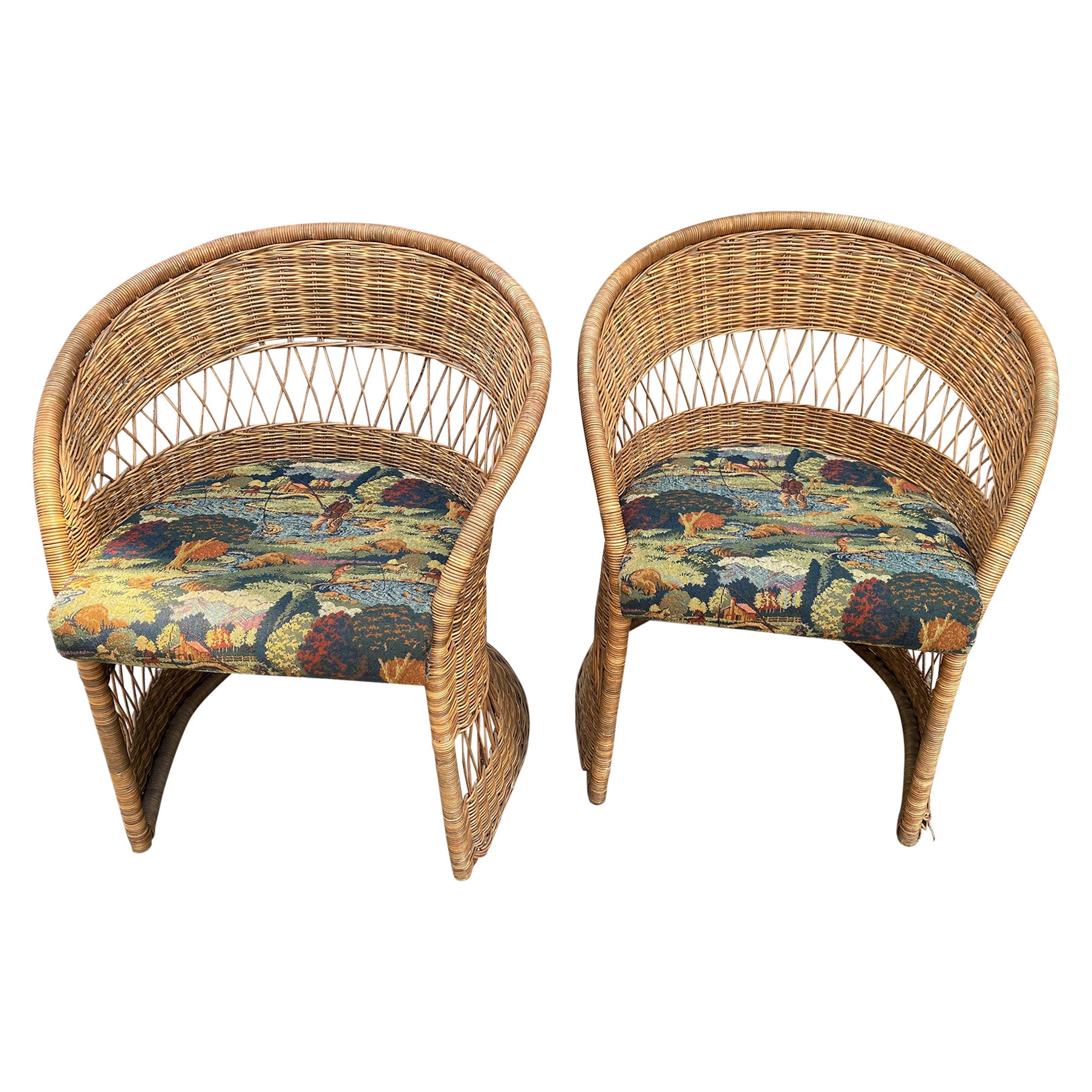 Natural Wicker/Rattan Mid Century Tulip/Barrel Chairs W/ Fishing Upholstery Pair For Sale