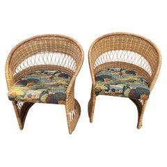 Retro Natural Wicker/Rattan Mid Century Tulip/Barrel Chairs W/ Fishing Upholstery Pair