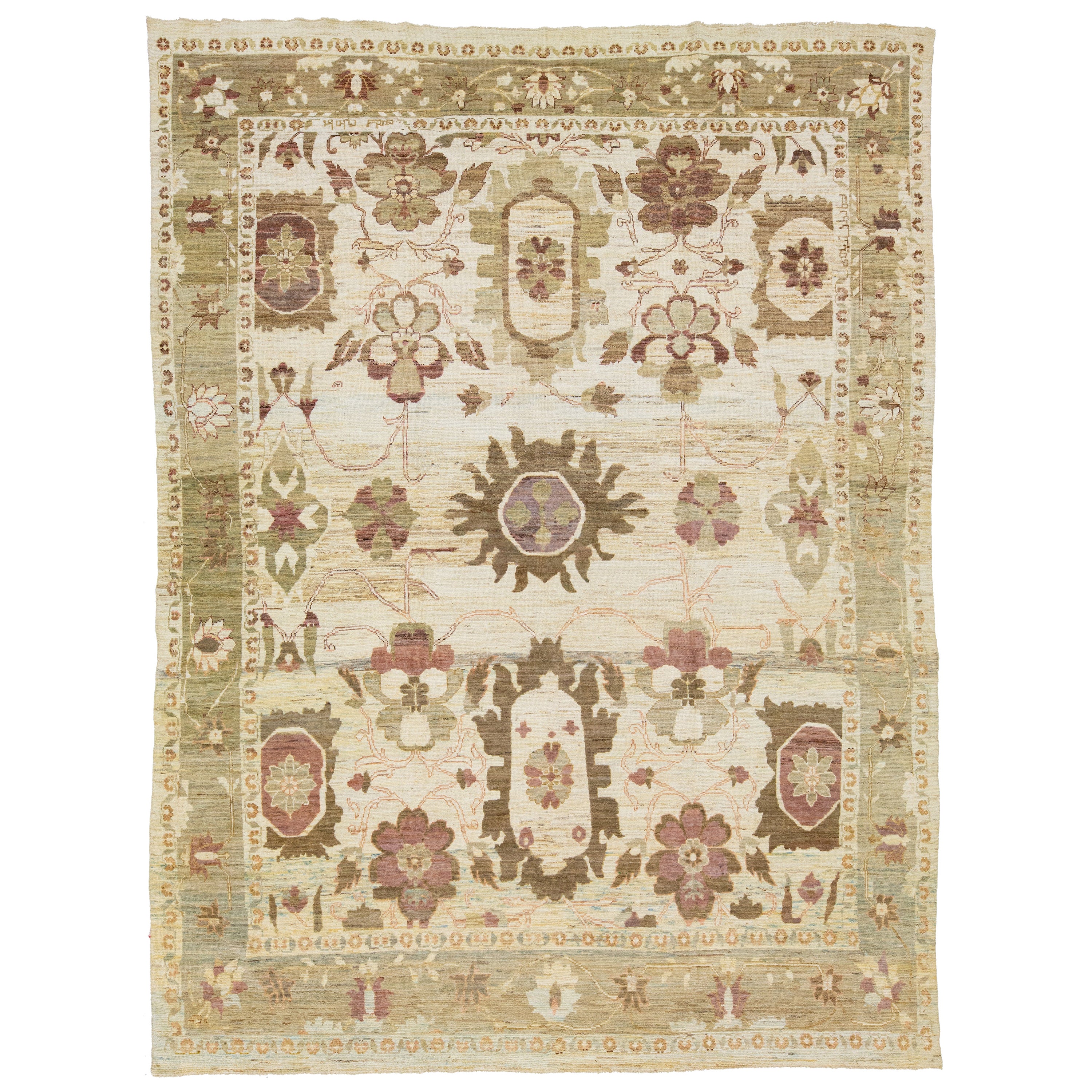 Allover Floral Contemporary Oushak style Handmade Wool Rug In Beige For Sale