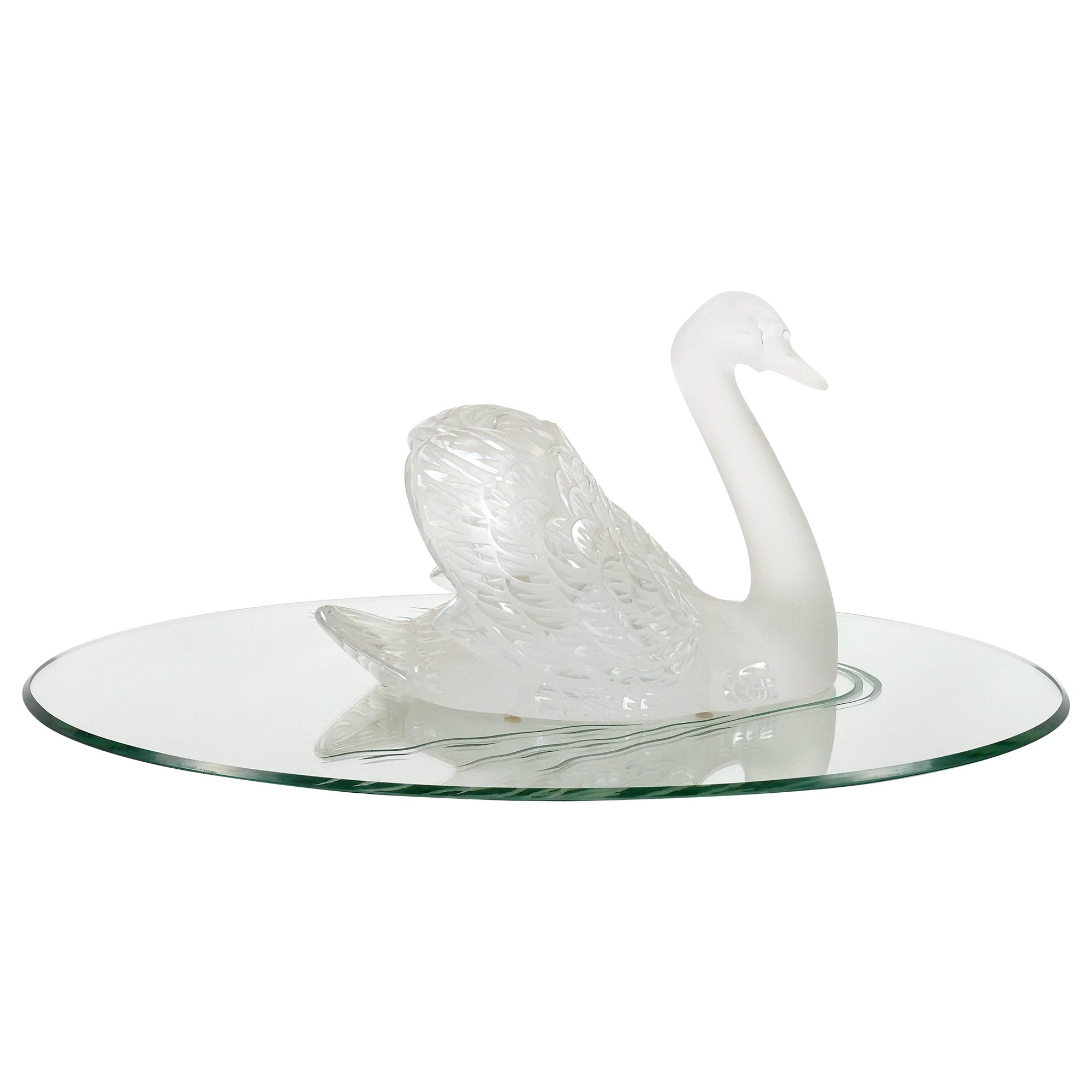  Lalique Crystal Frosted Head Down Swan Sculpture Resting On Mirrored Plateau For Sale