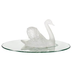  Lalique Crystal Frosted Head Down Swan Sculpture Resting On Mirrored Plateau