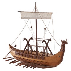 Antique Mid Century Folk Art Viking Ship in Wood 1960s