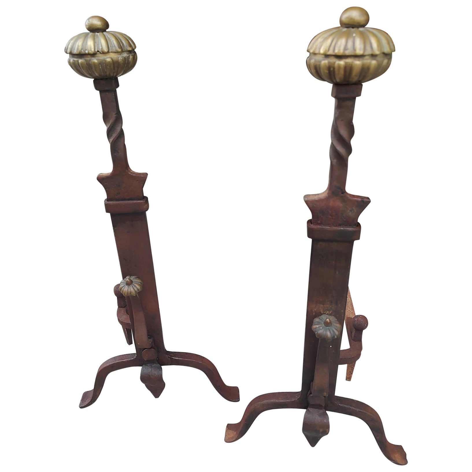 American Mid 19th Century Hand Forged Iron & Brass Tall Andirons For Sale