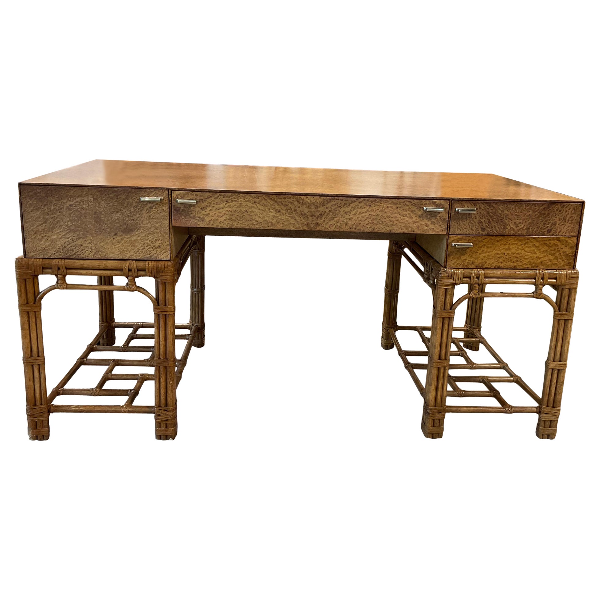 1970s Henredon Burl/ Rattan Maguire Style Desk For Sale