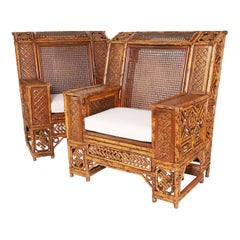 Antique Pair of Exceptional Chinese Chippendale Bamboo Club Chairs