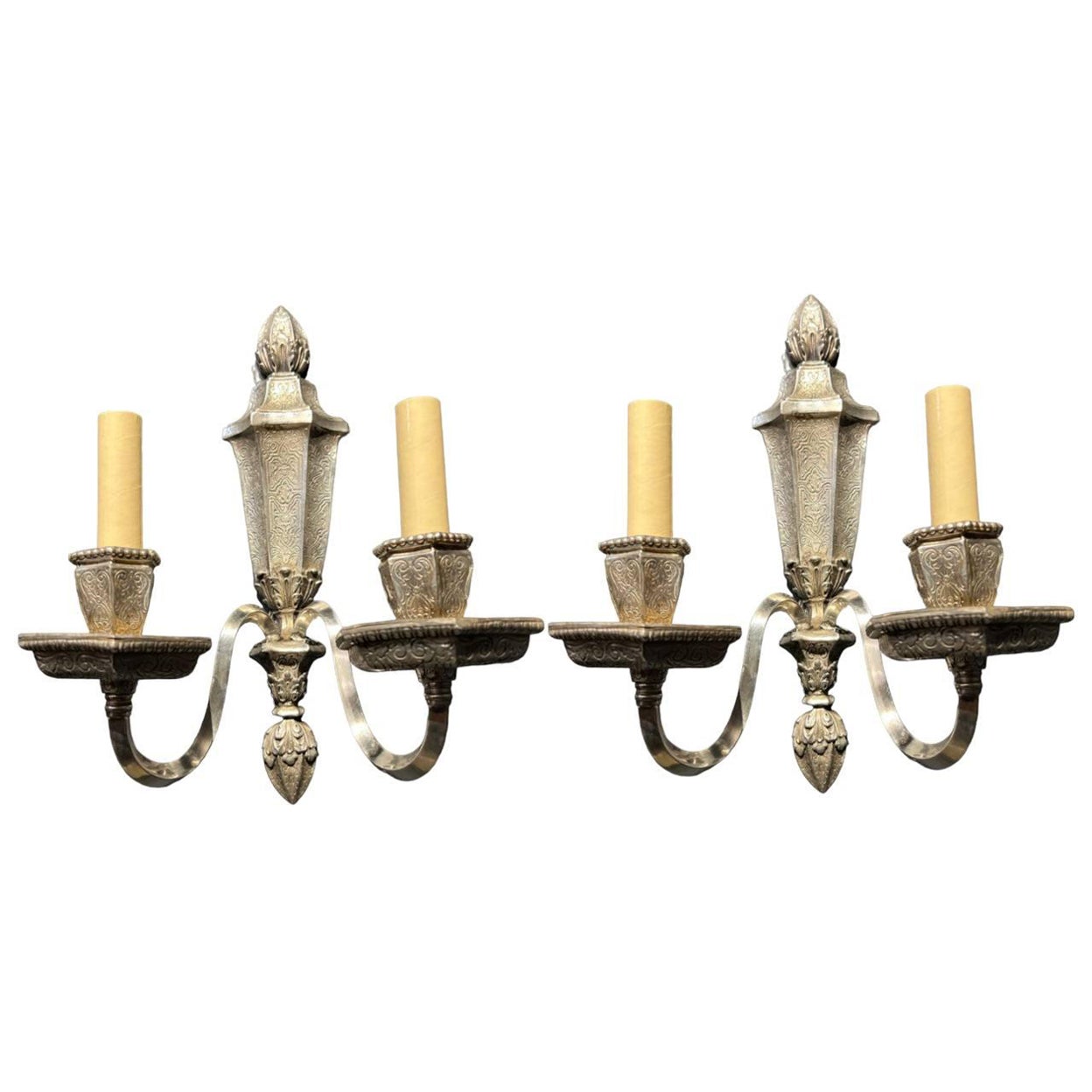 1920's Caldwell Engraved Silver Plated Sconces For Sale