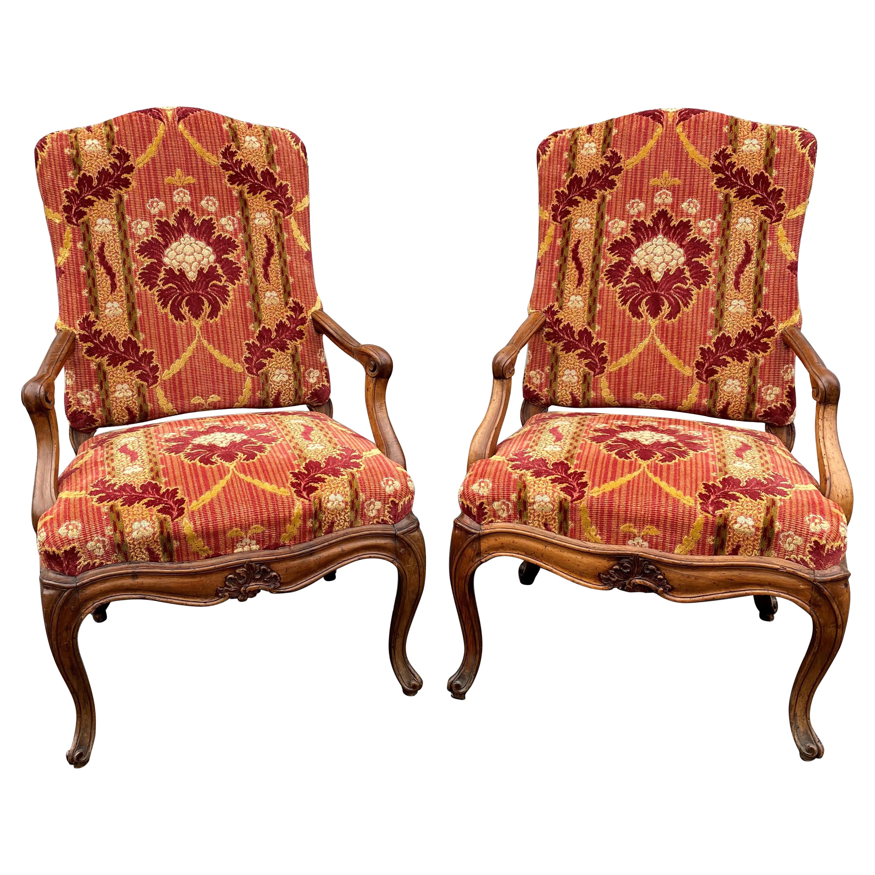 19th c Louis XV Style Foliate Upholstered Fruitwood Armchairs
