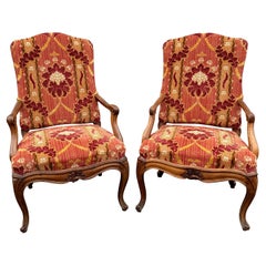 19th c Louis XV Style Foliate Upholstered Fruitwood Armchairs