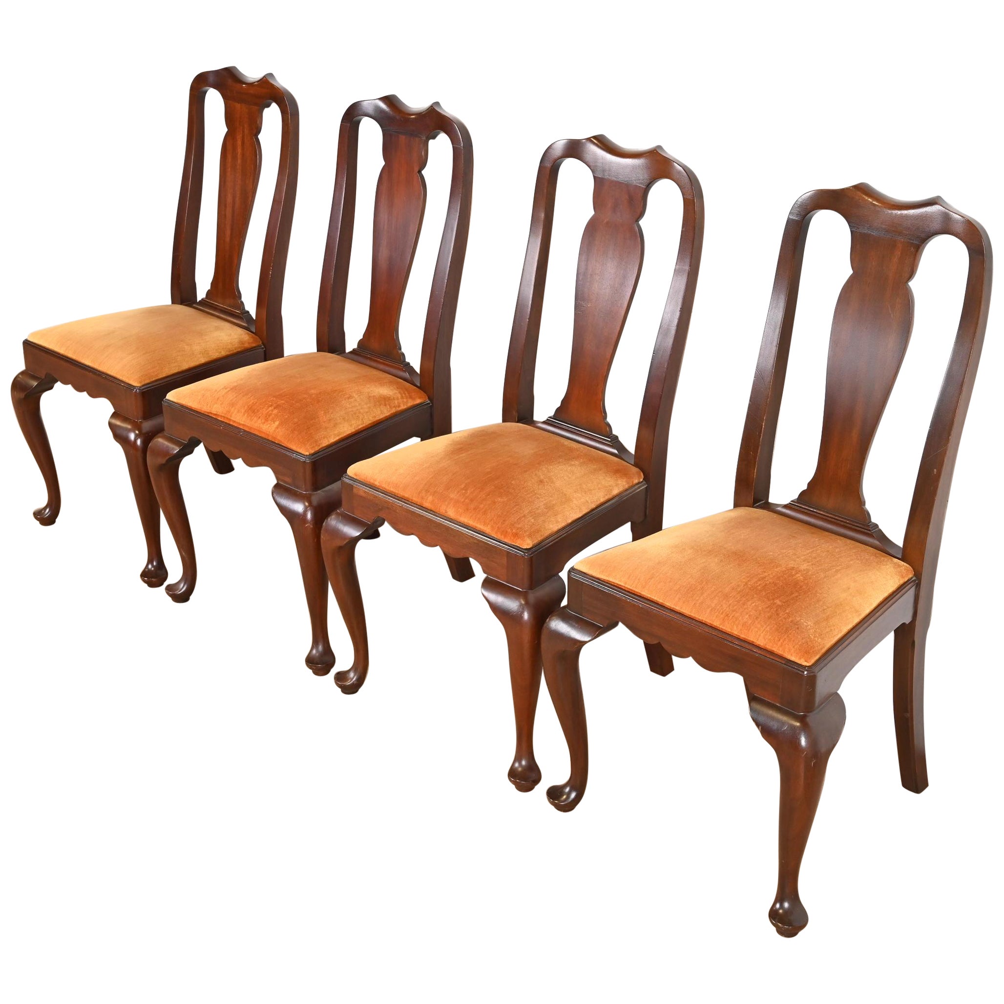 Henkel Harris Queen Anne Solid Mahogany Dining Chairs, Set of Four