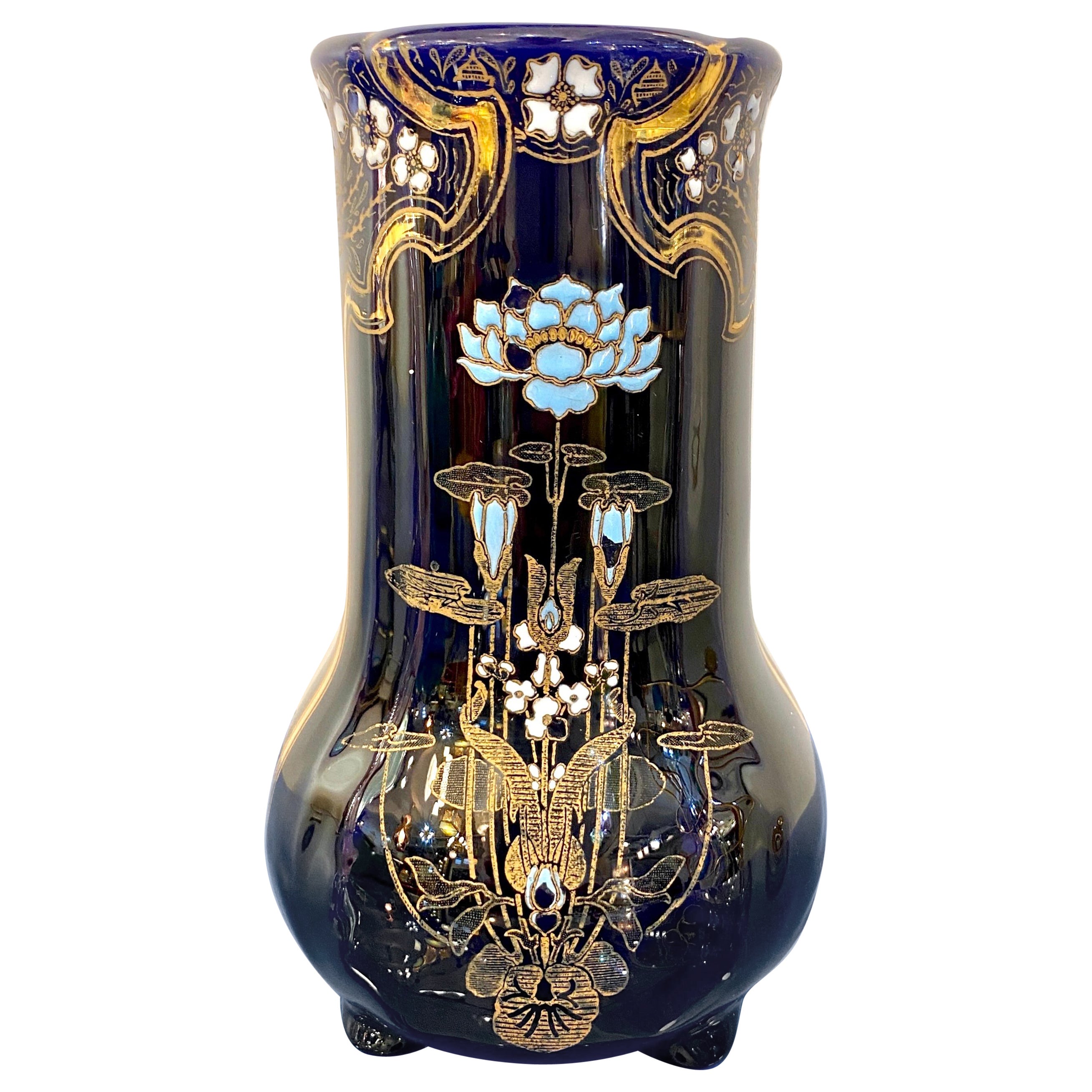 Art Nouveau French Antique Ceramic Vase in Blue Majolica with White Gold Flowers