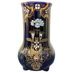 Art Nouveau French Antique Ceramic Vase in Blue Majolica with White Gold Flowers