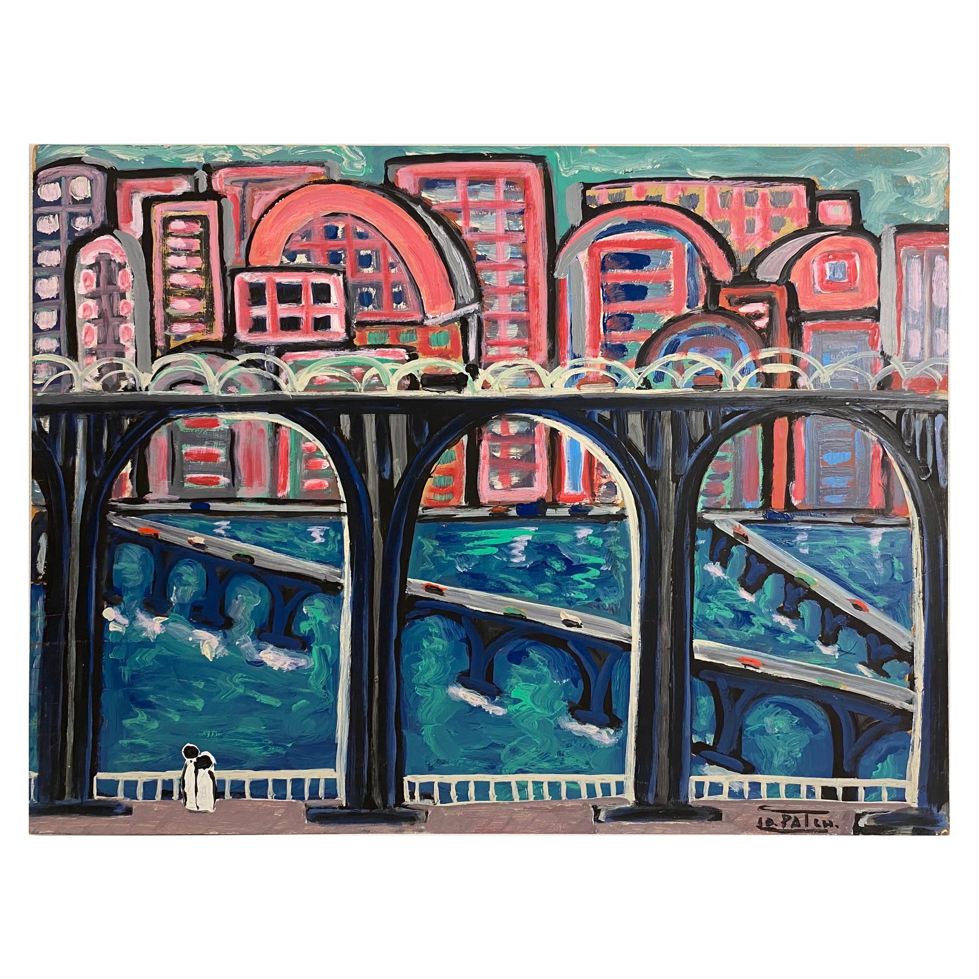 Jo Patch Oil Painting Titled "Trois Ponts et Ville Rouge" For Sale