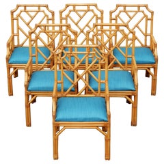 Vintage Chippendale Pagoda Cane Rattan Arm Chairs, set of 6