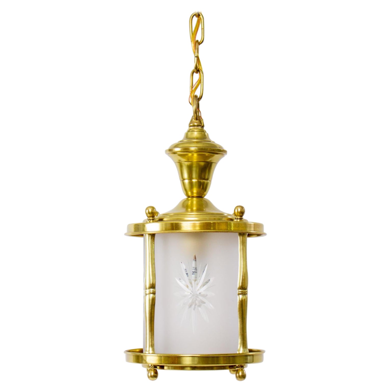 Early 20th Century Brass Lantern with Frosted Star Cut Glass For Sale