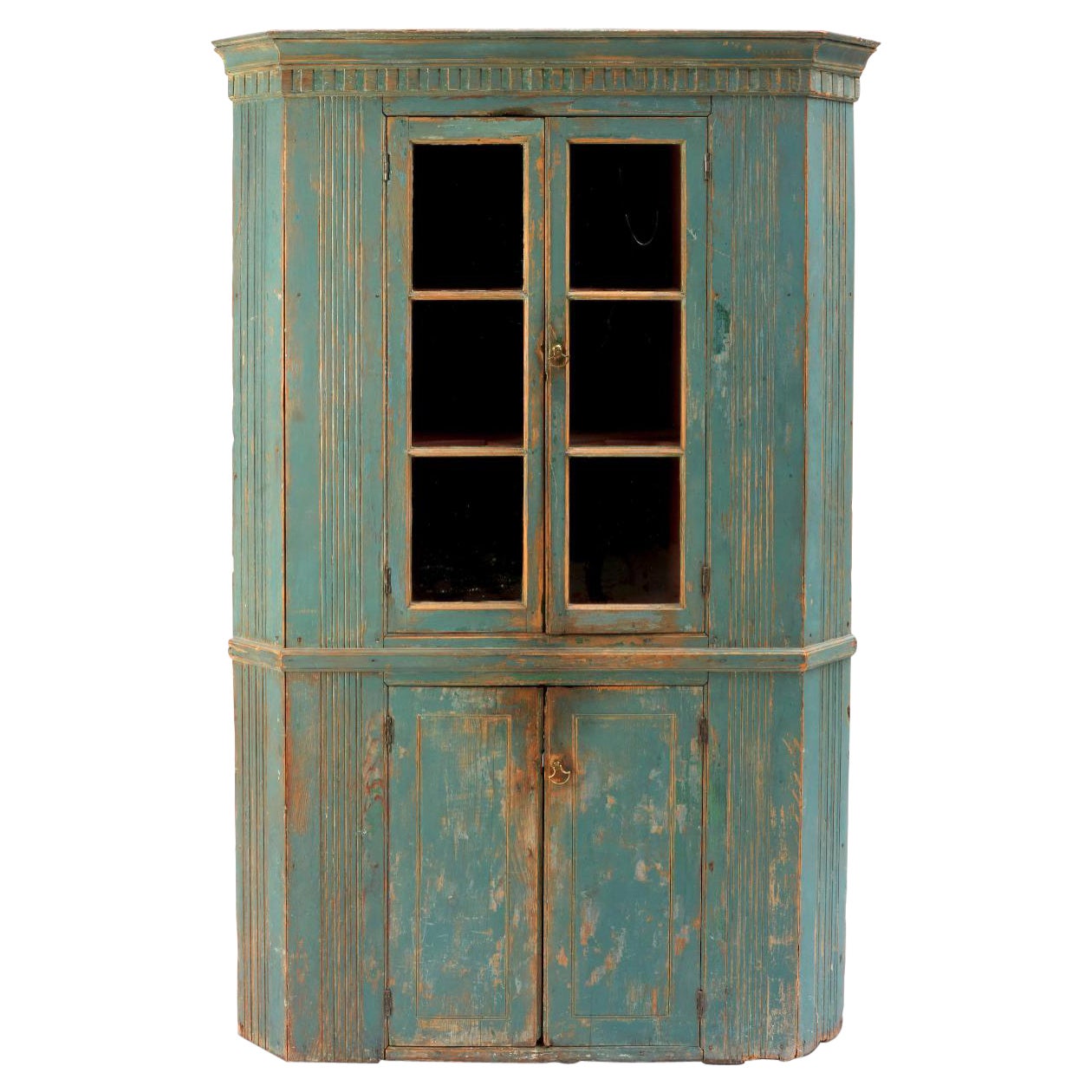 Early American Blue Painted Corner Cupboard