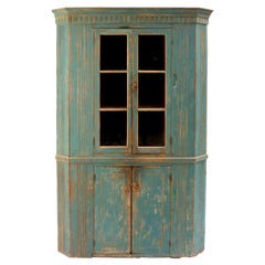 Early American Blue Painted Corner Cupboard