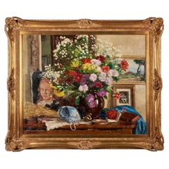 Antique "Still Life of Flowers and Art" by Jehan Berjonneau