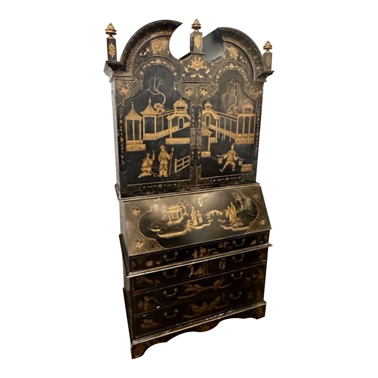 19th Century English Black Lacquered Chinoiserie Secretary For Sale