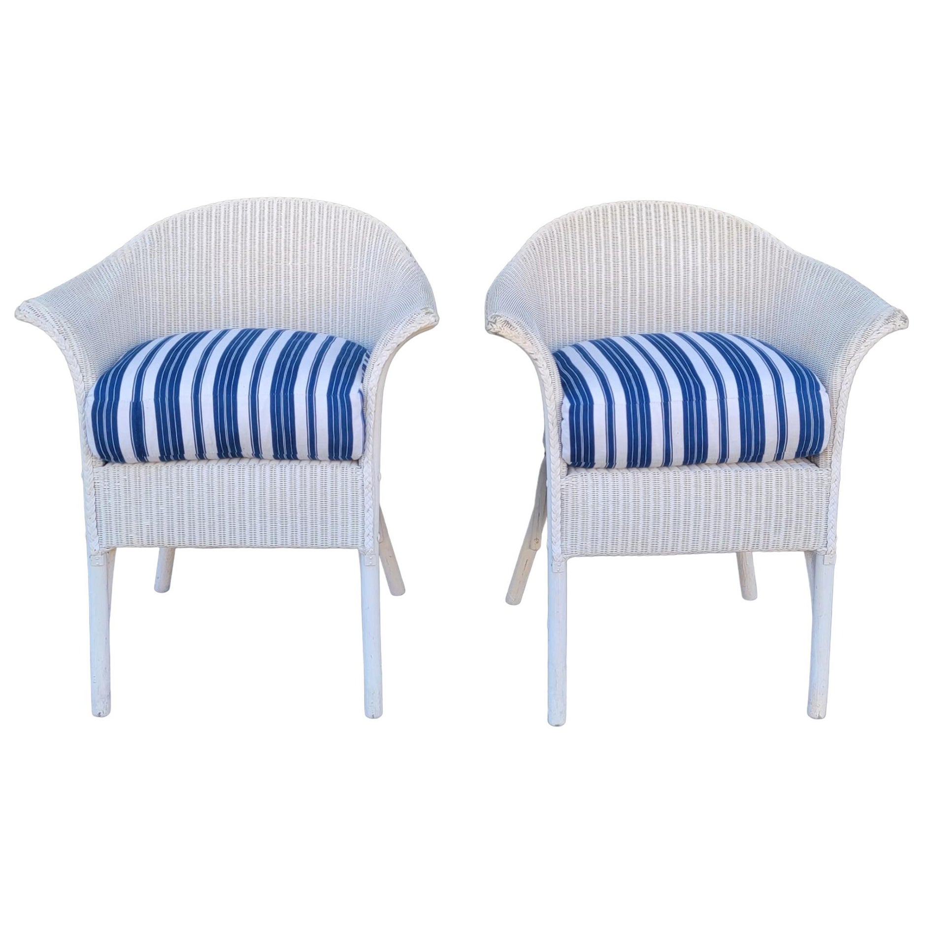 Mid-20th Century Signed Lloyd Loom White Wicker Chairs W/ Antique Ticking Cushions For Sale