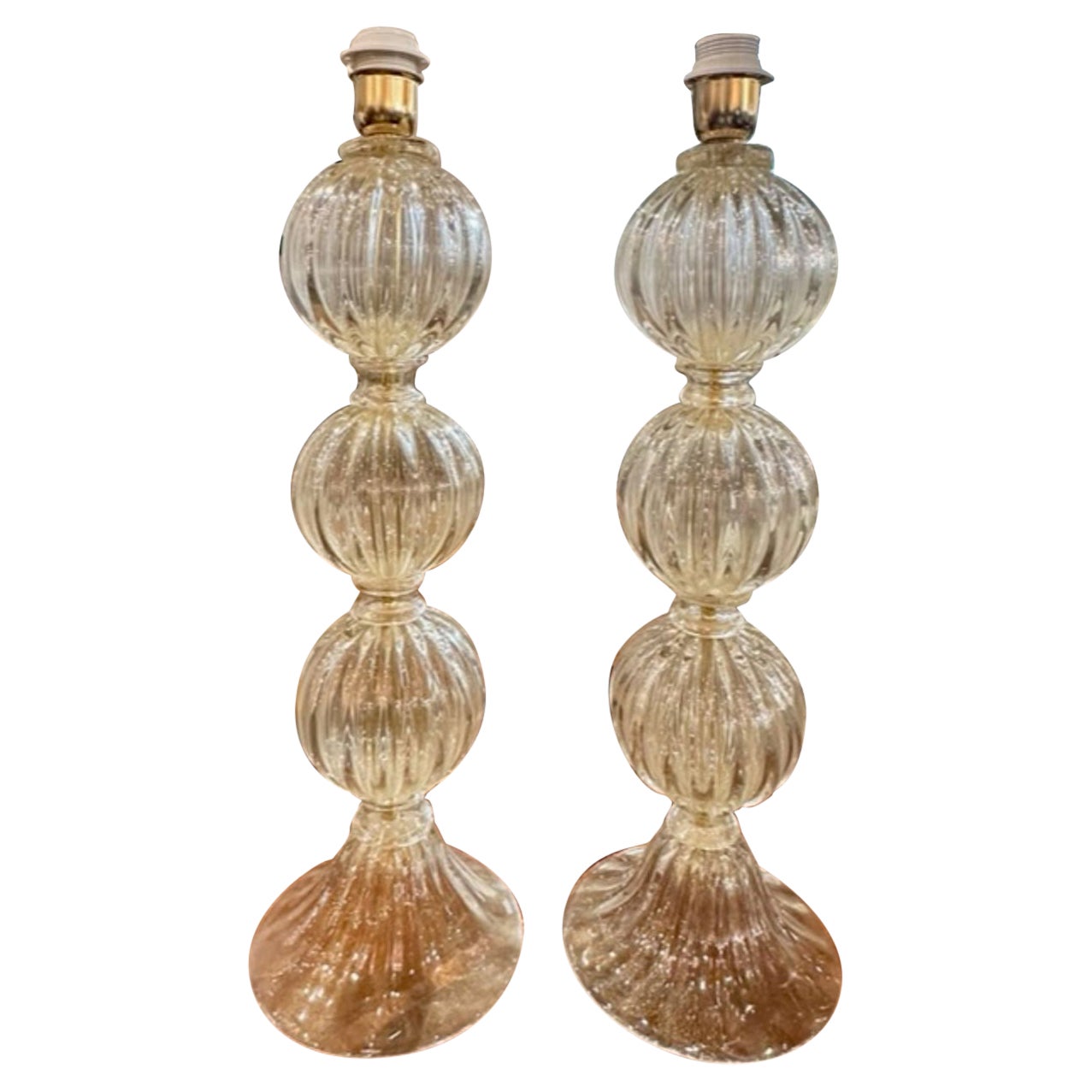 Pair of Modern Gold Murano Glass Ball Form Lamps For Sale