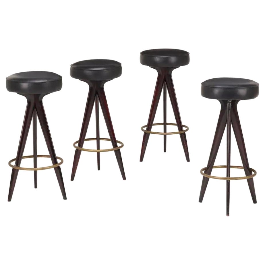 Mid Century Modern Bar Stools Black Leather and Chrome, Italy 1970s
